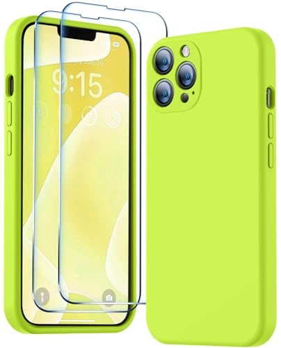 BossKiss Kompatibel mit iPhone 13 Pro Max Hülle, Premium Flüssigsilikon-Hülle [samtige Haptik] [2 Stück 9H gehärtetes Glas Displayschutzfolie], Kamera rundum stoßfeste Kit-Hülle, fluoreszierendes Grün von BossKiss