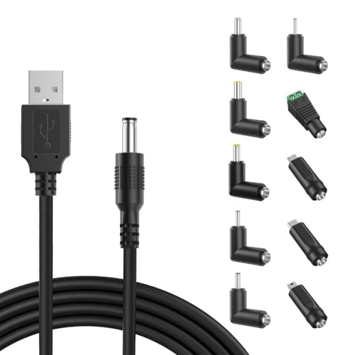 Bouge 5V USB Kabel zu DC 5,5 x 2,1 mm Hohlstecker 10 in 1 Stecker (5,5x2,5mm 4,8x1,7mm 4,0x1,7mm 3,5x1,35mm 3,0x1,1mm 2,5x0,7mm Micro Type-C Mini LED Hafen) Universal Ladekabel Netzkabel von Bouge