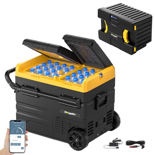 BougeRV CRD Kompressor Kühlbox mit Akku, 45L Kühlbox Auto Doppeltür Doppelzone 12V 24V 230V mit Tragbare Powerstation 173Wh (4-10 Stdn. Laufzeitverlängerung) Netzteil für Kühlschrank Auto Camping von BougeRV