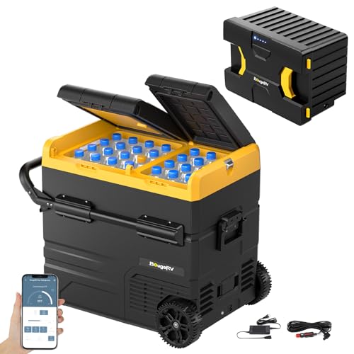 BougeRV CRD Kompressor Kühlbox mit Akku, 55L Kühlbox Auto Doppeltür Doppelzone 12V 24V 230V mit Tragbare Powerstation 173Wh (4-10 Stdn. Laufzeitverlängerung) Netzteil für Kühlschrank Auto Camping von BougeRV