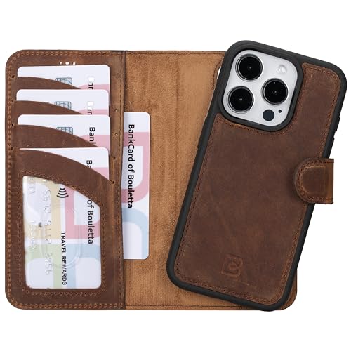 BOULETTA Kompatibel mit iPhone 15 Pro (6,1 Zoll) Wallet Case – Vollnarbenleder, magnetisch, abnehmbare Folio-Schutzhülle (2-in-1) – 4 Kartenfächer mit RFID-Blockierung, kompatibel mit MagSafe, Antic von Bouletta