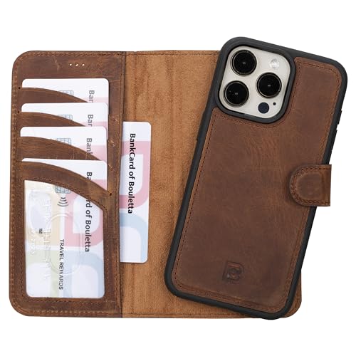 BOULETTA Kompatibel mit iPhone 15 Pro Max (6,7 Zoll) Wallet Case – Vollnarbenleder, magnetisch, abnehmbare Folio-Schutzhülle (2-in-1) – 4 Kartenfächer mit RFID-Blockierung, kompatibel mit MagSafe, von Bouletta