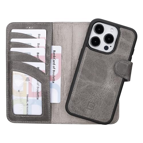 BOULETTA Magsafe Schutzhülle für iPhone 15 Pro, aus Vollnarbenleder, magnetisch, abnehmbare Folio-Schutzhülle (2-in-1), 4 Kartenhalter mit RFID-Blockierung, 15,5 cm (6,1 Zoll), Grau von Bouletta