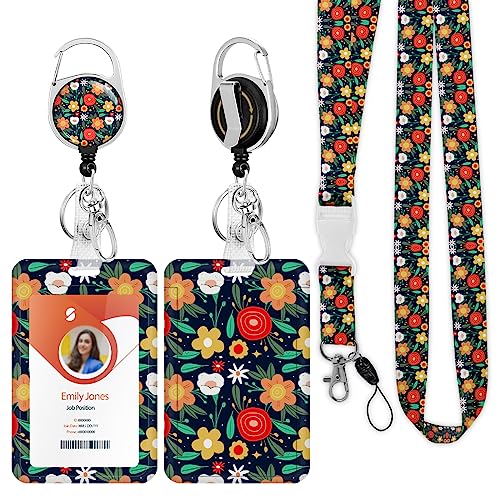 ID Badge Holder mit Lanyard, einziehbare ID Badge Card Holders Abnehmbare Hals Lanyard Strap mit Badge Reel und vertikale ID-Halter für Krankenschwester Studenten (Flower Orange) von Boutilon