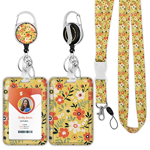 ID Badge Holder mit Lanyard, einziehbare ID Badge Card Holders Abnehmbare Hals Lanyard Strap mit Badge Reel und vertikale ID-Halter für Krankenschwester Studenten (Flower Yellow) von Boutilon
