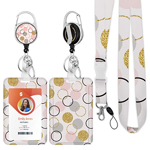 ID Badge Holder mit Lanyard, einziehbare ID Badge Card Holders Abnehmbare Hals Lanyard Strap mit Badge Reel und vertikale ID-Halter für Krankenschwester Studenten (Golden Pink Dot) von Boutilon