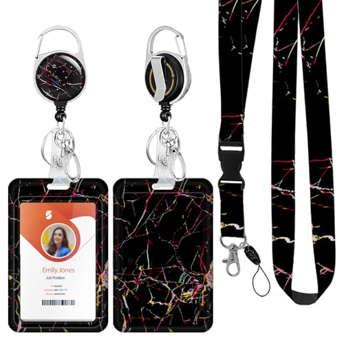 ID Badge Holder mit Lanyard, einziehbare ID Badge Card Holders Abnehmbare Hals Lanyard Strap mit Badge Reel und vertikale ID-Halter für Krankenschwester Studenten (Marble Black) von Boutilon