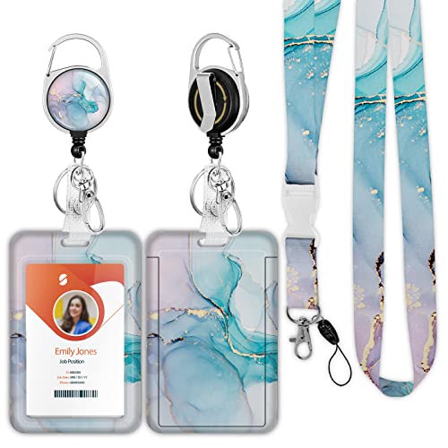 ID Badge Holder mit Lanyard, einziehbare ID Badge Card Holders Abnehmbare Hals Lanyard Strap mit Badge Reel und vertikale ID-Halter für Krankenschwester Studenten (Marble Cyan Golden) von Boutilon