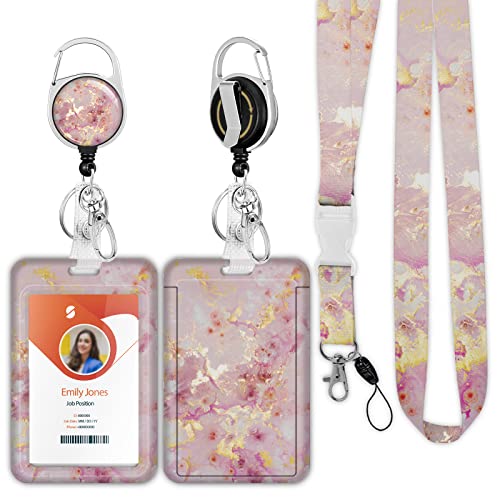 ID Badge Holder mit Lanyard, einziehbare ID Badge Card Holders Abnehmbare Hals Lanyard Strap mit Badge Reel und vertikale ID-Halter für Krankenschwester Studenten (Marble Golden Red) von Boutilon