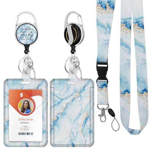 ID Badge Holder mit Lanyard, einziehbare ID Badge Card Holders Abnehmbare Hals Lanyard Strap mit Badge Reel und vertikale ID-Halter für Krankenschwester Studenten (Marble Light Blue) von Boutilon