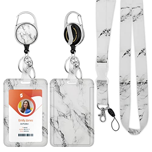 ID Badge Holder mit Lanyard, einziehbare ID Badge Card Holders Abnehmbare Hals Lanyard Strap mit Badge Reel und vertikale ID-Halter für Krankenschwester Studenten (Marble White) von Boutilon