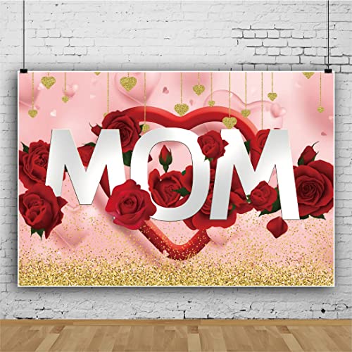 Bovlleetd 1.5x1.2m Glücklicher Muttertag Hintergrund Rote Rosen Blumen Goldener Glitter Bokeh Liebe Herz Fotografie Hintergrund Mutter Worte Mutter Tag Hintergrund Dekorationen Supplies Vinyl von Bovlleetd