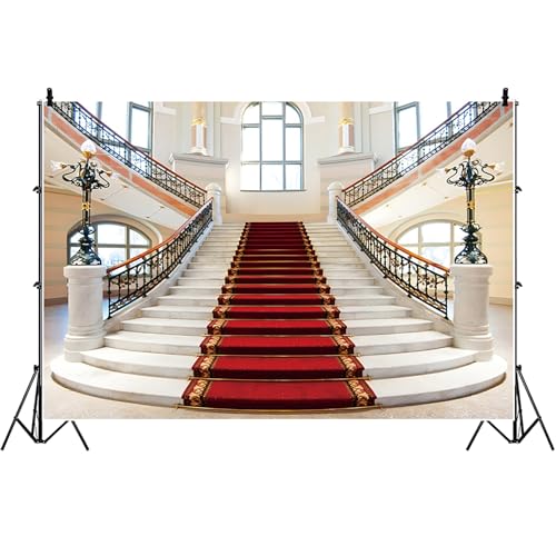 Bovlleetd 2.2x1.5m Treppe Hintergrund, roter Teppich Treppe Eleganter Palast Innenraum Hintergrund Alte Kirche Europäische Burg Hintergrund Vinyl für Abschlussball Hochzeit Celebrity Party Dekor von Bovlleetd