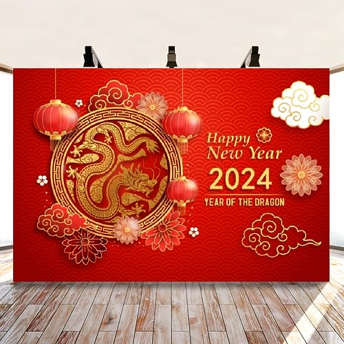 Bovlleetd Chinesischer Neujahrshintergrund 2024 Roter Goldener Drache Frühlingsfest Fotografie Hintergrund Dekorationen Neujahr Glücksparty Banner Photobooth Requisiten Vinyl 150x120cm von Bovlleetd