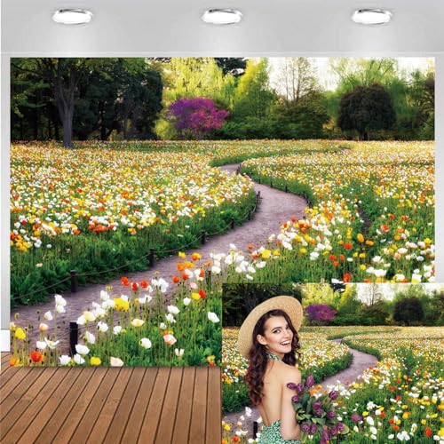 Bovlleetd Frühling Landschaft Foto Hintergrund Blühende Tulpen Aquarell Floral Hintergrund Garten Park Outdoor Hochzeit Frau Dame Mädchen Künstlerische Porträt Fotostudio Requisiten Vinyl 150x120cm von Bovlleetd