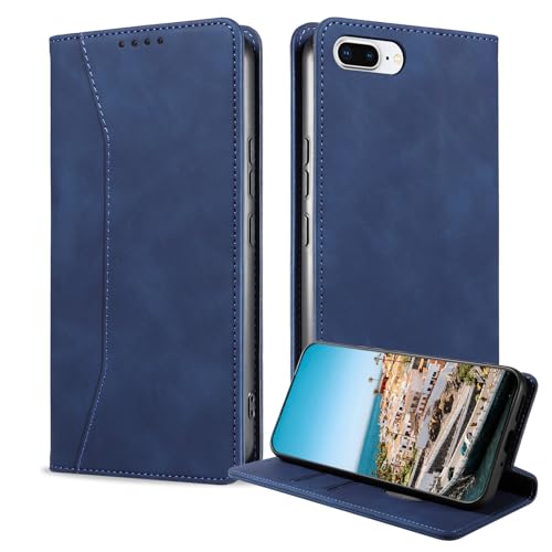 BoxTii Hülle für iPhone 8 Plus/iPhone 7 Plus Hülle, PU Leder Brieftasche Klappbar Magnet Kartenfach Standfunktion Schutzhülle für iPhone 8 Plus/iPhone 7 Plus, Blau von BoxTii