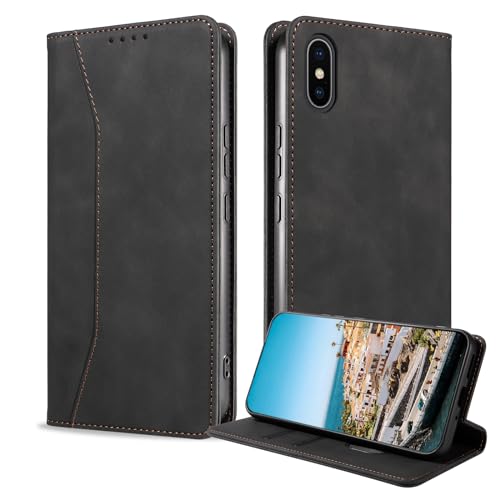 BoxTii Hülle für iPhone X/iPhone XS Hülle, PU Leder Brieftasche Klappbar Magnet Kartenfach Standfunktion Schutzhülle für iPhone X/iPhone XS, Schwarz von BoxTii