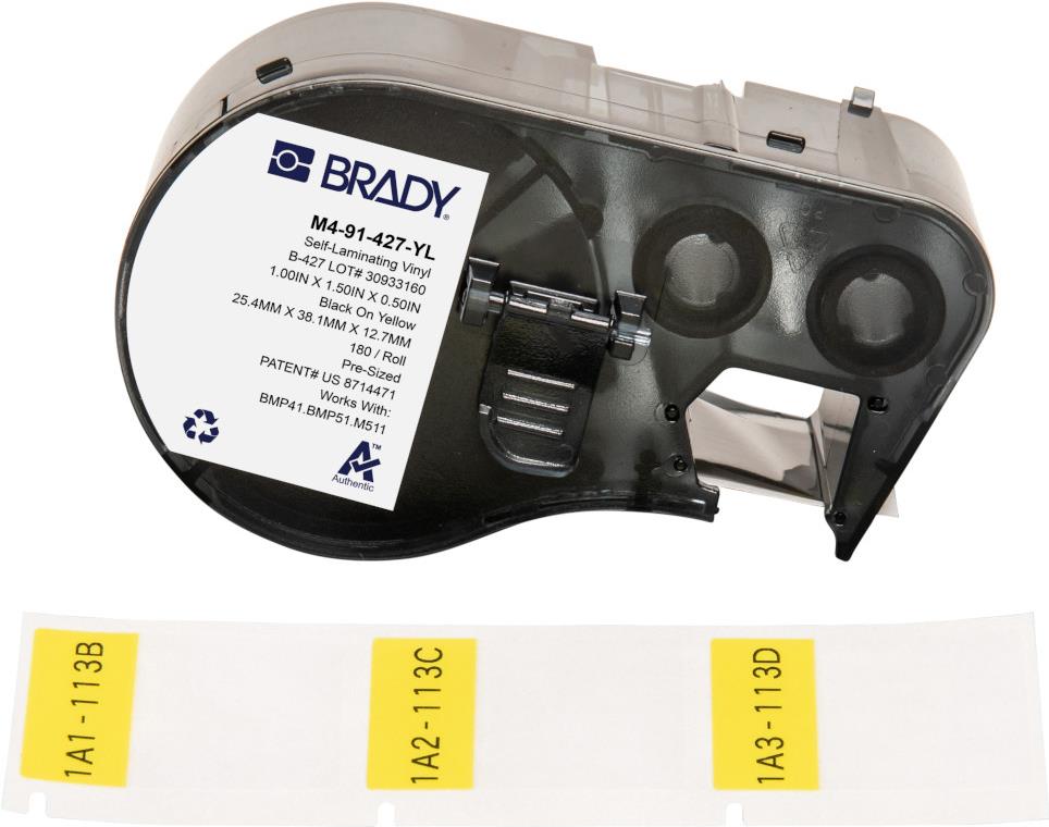 Brady, M4-91-427-YL, selbstlaminierendes Vinyl, Gelb/Transparent, 25.40 x 12.70(38.10) mm, permanent, für Kabeldurchmesser von 4.00 - 8.10 mm (180 E.) (170746) von Brady