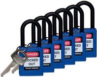 Brady, Nylon-Sicherheitsschloss mit Nylonbügel, Blau, 38mm Bügelhöhe, 6,5mm Bügeldurchmesser (Keyed Different) ( 6er Pack) (813593) von Brady