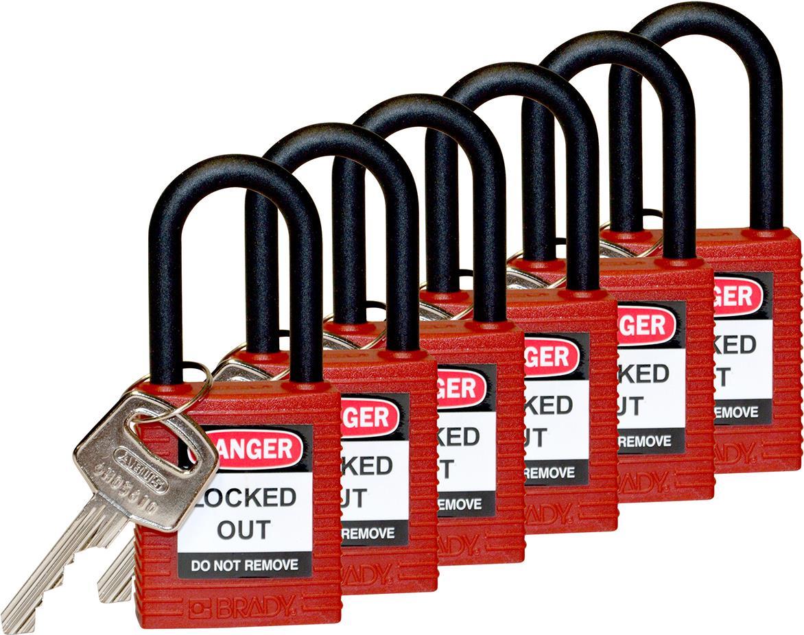 Brady, Nylon-Sicherheitsschloss mit Nylonbügel, Rot, 38mm Bügelhöhe, 6,5mm Bügeldurchmesser (Keyed Different) ( 6er Pack) (813594) von Brady