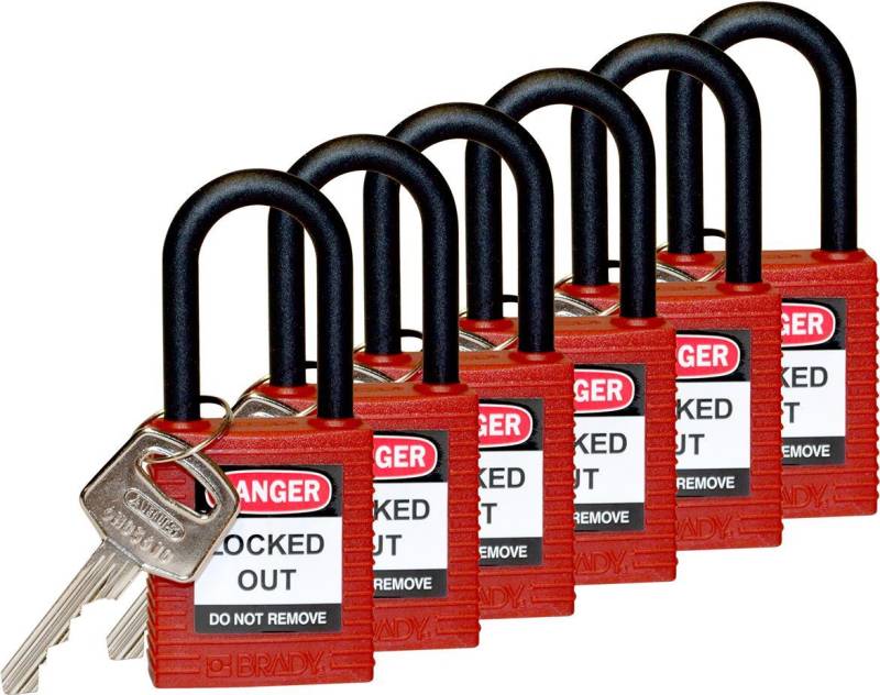 Brady, Nylon-Sicherheitsschloss mit Nylonbügel, Rot, 38mm Bügelhöhe, 6,5mm Bügeldurchmesser (Keyed Different) ( 6er Pack) (813594) von Brady