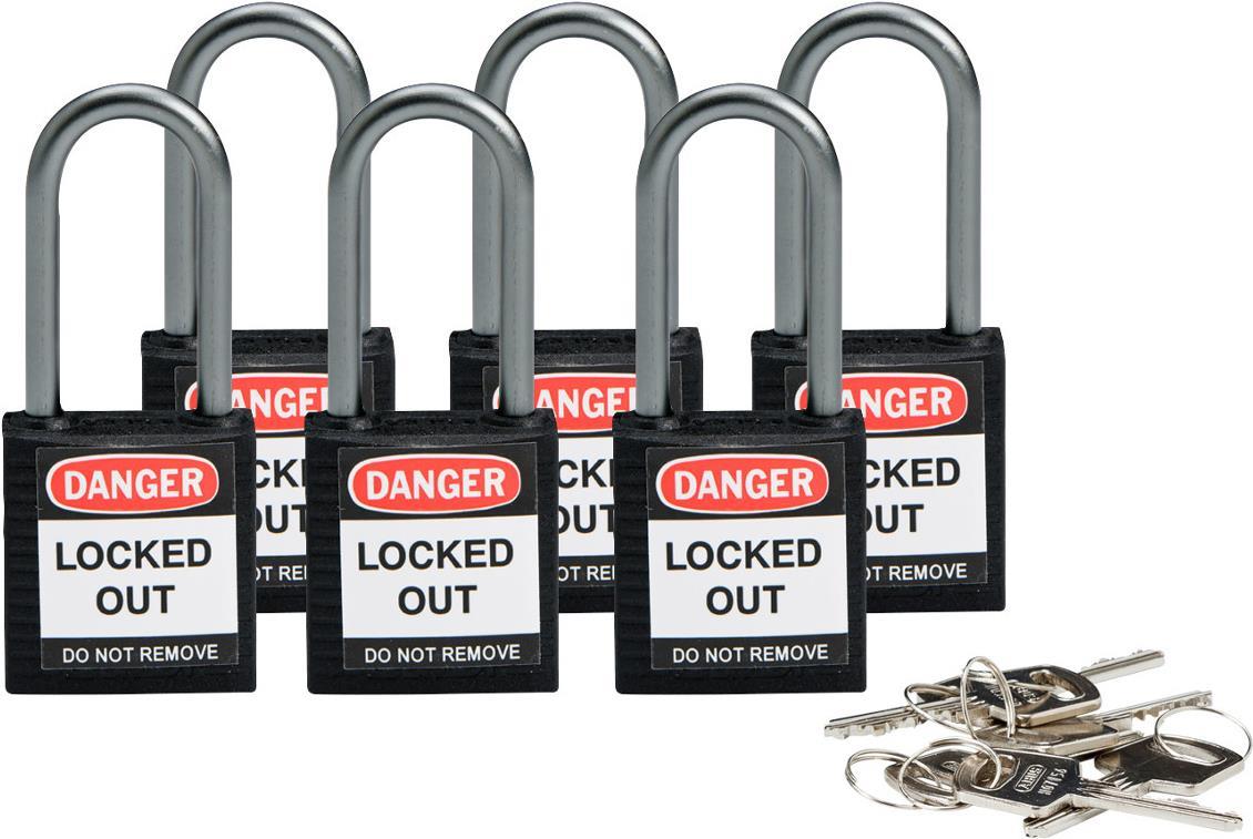Brady, kompaktes Sicherheitsschloss Nylon, Schwarz, 38mm Bügelhöhe, 4,7mm Aluminium-Schließbügel (Keyed Different) (6er Pack) (814125) von Brady
