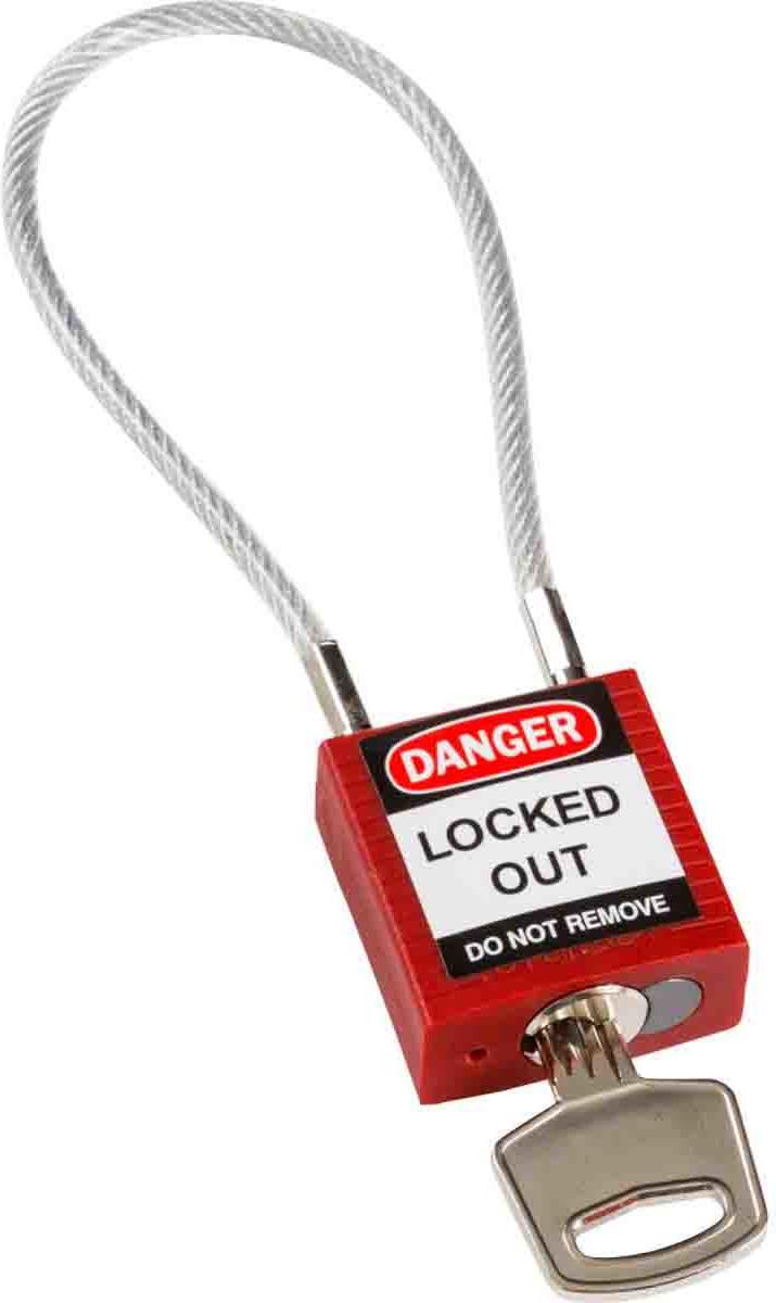 Brady, kompaktes Sicherheitsschloss Nylon mit Kabelbügel, Rot, 200mm Kabellänge, 4,7mm PVC-beschichtetes Kabel (Keyed Different) (1er Pack) (146120) von Brady