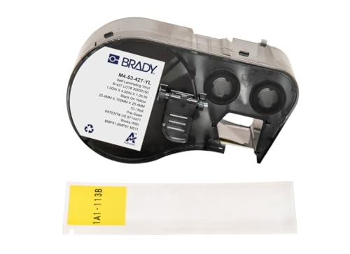 Brady Selbstlaminierendes Vinyl-Vorgefertigte Etiketten für Etikettendrucker BMP41/BMP51/BMP53/M511 - 70 Klebeetiketten - Schwarz auf Gelb, transparent (25,40 mm (B) x 101,60 mm (H)) - M4-53-427-YL von Brady