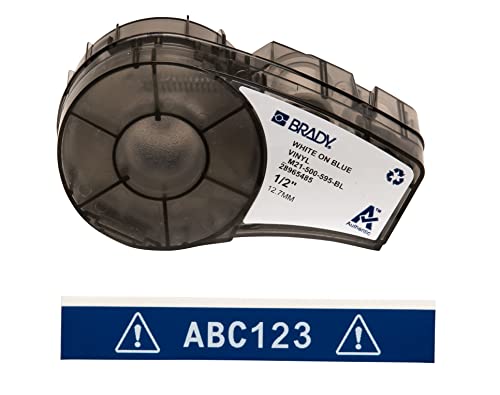 Brady Vinyl-Etiketten für Etikettendrucker M211 & M210 - Vinyl-Klebe-Druckeretiketten - Industrieetikettenband für Kabel/Namensetiketten - Weiß auf Blau (12.70mm x 6.40m) - M21-500-595-BL von Brady
