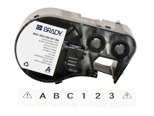 Brady Vinyl-Etikettenband für Etikettendrucker BMP41/BMP51/BMP53/M511, selbstklebende Druckeretiketten, Schwarz auf Weiß, 12,70 mm (B) x 7,62 m (L)) – M4C-500-595-WT-BK von Brady