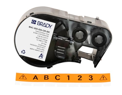 Brady Vinyl-Etikettenband für Etikettendrucker BMP41/BMP51/BMP53/M511 - Klebeetiketten - Schwarz auf Orange (12,70 mm (B) x 7,62 m (L)) - M4C-500-595-OR-BK von Brady