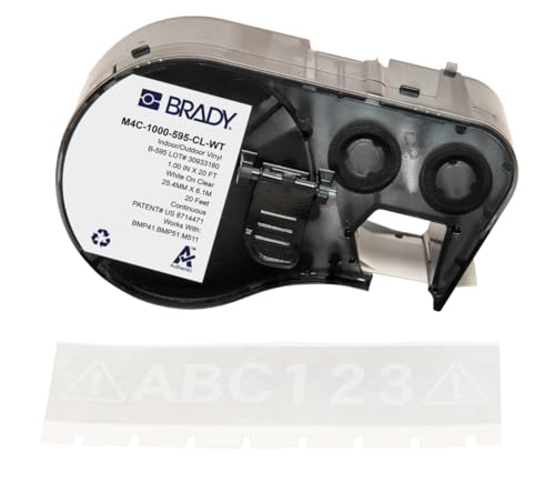 Brady Vinyl-Etikettenband für Etikettendrucker BMP41/BMP51/BMP53/M511 - Klebeetiketten - Weiß auf Transparent (25,40 mm (B) x 6,10 m (L)) - M4C-1000-595-CL-WT von Brady
