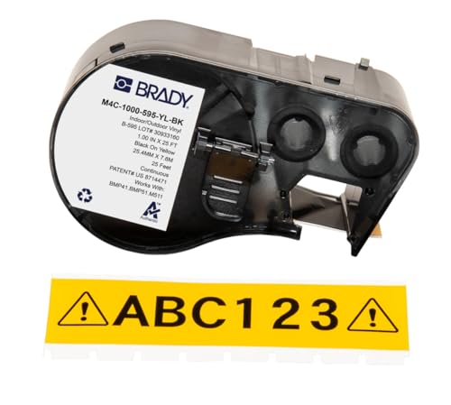 Brady Vinyl-Etikettenband für Etikettendrucker BMP41/BMP51/BMP53/M511 – Selbstklebende Druckeretiketten – Schwarz auf Gelb (25,40 mm (B) x 7,62 m (L)) – M4C-1000-595-YL-BK von Brady