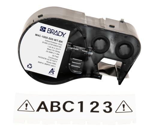 Brady Vinyl-Etikettenband für Etikettendrucker BMP41/BMP51/BMP53/M511 – Selbstklebende Druckeretiketten – Schwarz auf Weiß (25,40 mm (B) x 7,62 m (L)) – M4C-1000-595-WT-BK von Brady
