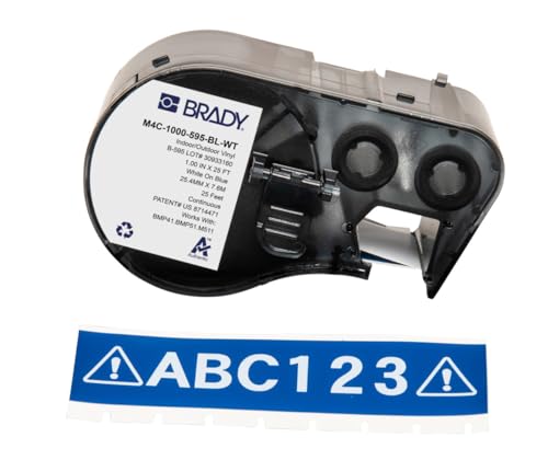 Brady Vinyl-Etikettenband für Etikettendrucker BMP41/BMP51/BMP53/M511 – Selbstklebende Druckeretiketten – Weiß auf Blau (25,40 mm (B) x 7,62 m (L)) – M4C-1000-595-BL-WT von Brady