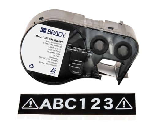 Brady Vinyl-Etikettenband für Etikettendrucker BMP41/BMP51/BMP53/M511 – Selbstklebende Druckeretiketten – Weiß auf Schwarz (25,40 mm (B) x 7,62 m (L)) – M4C-1000-595-BK-WT von Brady