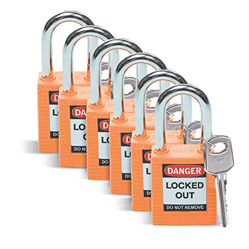 Nylon-Sicherheitsvorhängeschloss, 38,50mm x 86,50mm x 19,50mm, Orange, 6er-Pack von Brady