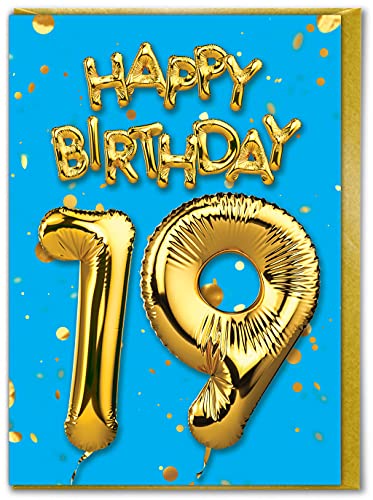 Brainbox Candy - Geburtstagskarte zum 19. Geburtstag – Alter 19 – Goldfolienballon-Karte – Blau – für Sohn, Tochter – Familiengeburtstag – Freund – 19. Geburtstag von Brainbox Candy