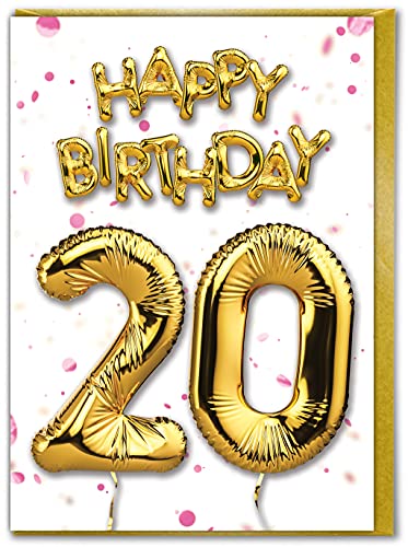 Brainbox Candy - Geburtstagskarte zum 20. Geburtstag – Alter 20 – Goldfolienballon-Karte – Weiß Rosa – für Sohn Tochter – Familiengeburtstag – Freund – 20. Geburtstag von Brainbox Candy