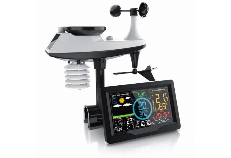 Brandson Wetterstation Funk mit 5 in 1 Außensensor, Farbdisplay, DCF, Außenwetterstation (mit Außensensor, Netzteil, Bedienungsanleitung, Thermometer, Hygrometer, Windmesser und Regensensor, Solarpanel) von Brandson