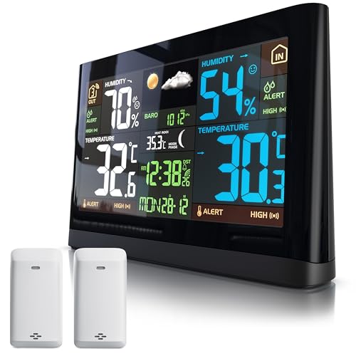 Brandson - Wetterstation Funk mit 2 x Außensensor (2 Zonen) - DCF Empfangssignal Funkuhr - Innen- und Außentemperatur - relativer Luftdruck - Barometer - Temperaturtrend – Lichtsensor - LCD-Display von Brandson