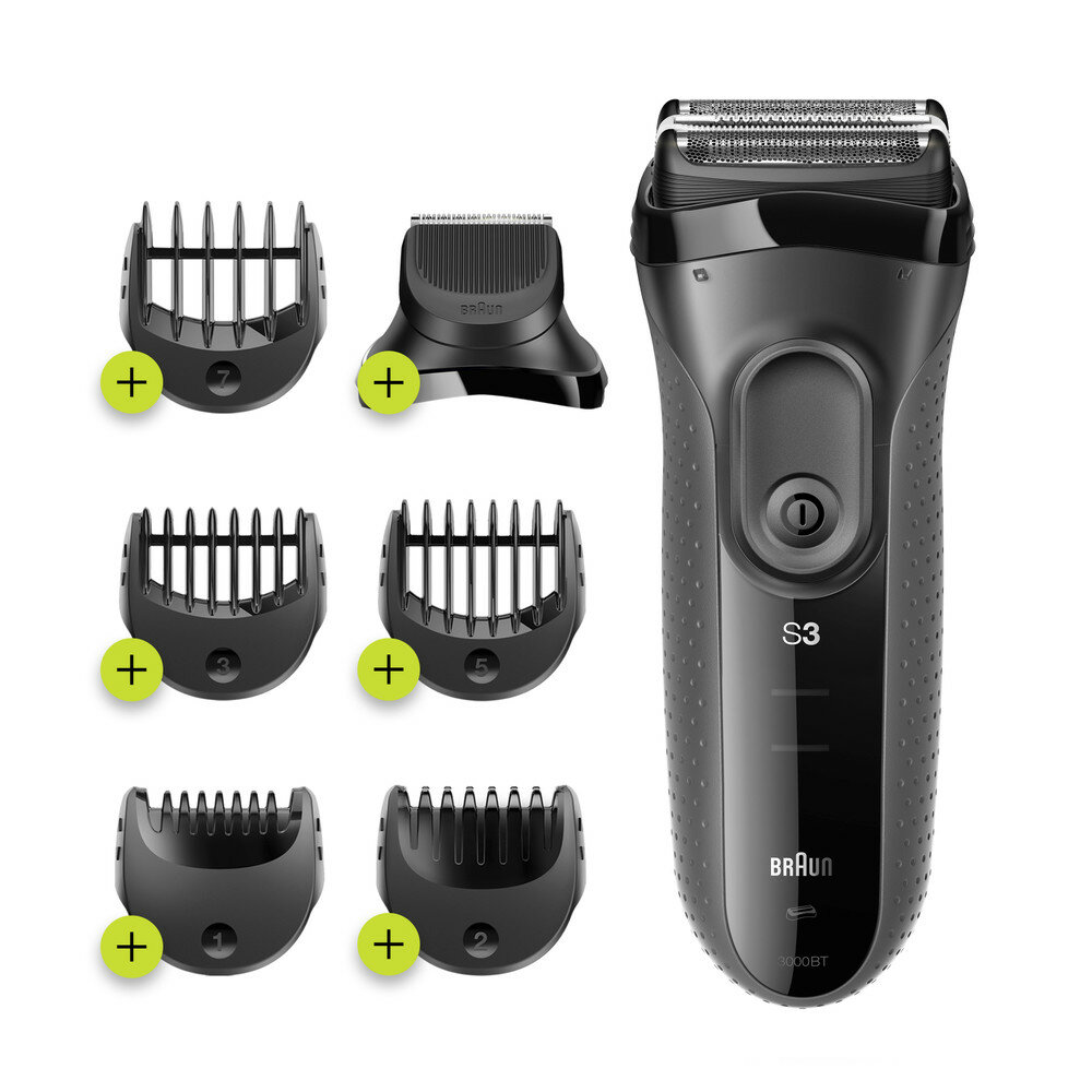 BRAUN Herrenrasierer Series 3 3000BT (3-in-1 Elektrorasierer, Barttrimmer mit 5 Kammaufsätzen, Wet&Dry, 45 Minuten Akkulaufzeit, wiederaufladbarer und kabelloser Rasierer, schwarz/grau) von Braun
