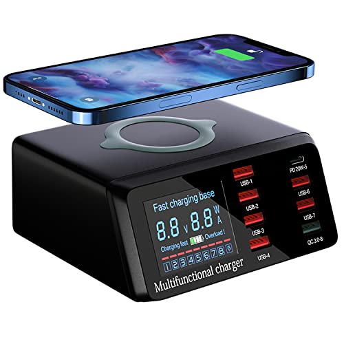 100W Multi USB Ladestation, Ladegerät Mehrere Geräte mit LED Bildschirm Wireless Schnell Charger Induktives Ladegerät 8 Port mit 18W QC3.0 USB und 20W PD-Schnellladungsport für iPhone Samung 100W Multi USB Ladestation, Ladegerät Mehrere Geräte mit LED Bildschirm Wireless Schnell Charger Induktives Ladegerät 8 Port mit 18W QC3.0 USB und 20W PD-Schnellladungsport für iPhone Samung von BraveKing