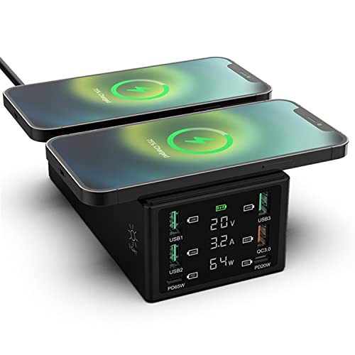 Braveking1 150W 6-Anschlüssen USB-Ladegerät, USB Ladestation mit PD-Schnellladegerät mit QC 3.0 USB-Anschluss, Dual Kabelloses Ladegerät, LCD-Display, USB-C-Lade-Desktop-Hub für iPhone iPad Samsung von Braveking1