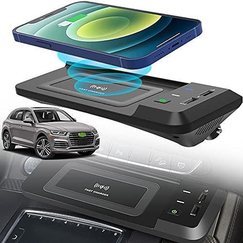 Braveking1 Kabelloses Ladegerät Auto Kompatibel mit Audi Q5 SQ5 2019 2020 2021 Center Console-Zubehörfeld, 15W Qi Wireless Schnell-ladegerät mit QC3.0 USB für iPhone 12/11/XS/X/8 Samsung S20/S10/S9 von Braveking1