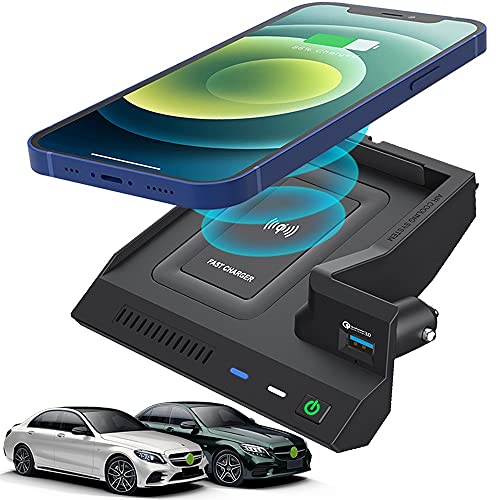 Braveking1 Kabelloses Ladegerät Auto Kompatibel mit Mercedes-Benz C-Class GLC AMG 2015-2021 Center Console-Zubehörfeld, 10W Wireless Schnell-ladegerät mit QC3.0 USB für iPhone 12/11/X Samsung S20/S10 von Braveking1