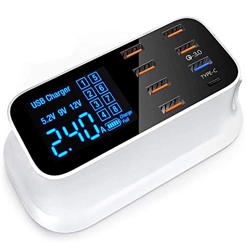 Braveking1 Multi USB Ladestation 40W 8-Port Ladegerät Multi Dockingstation mit QC 3.0 Port Type-C Port LCD-Anzeige USB Kabel Organizer für iPhone IPad Samsung Galaxy Huawei Tablets von BraveKing