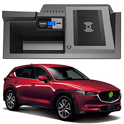 Braveking1 Upgrade Kabelloses Ladegerät Auto für Mazda CX5 2017 2018 2019 2020 2021, 15W Qi Wireless Schnell-ladegerät mit QC3.0 USB und 18W PD für iPhone 12/11/XS/X/8 Samsung S20/S10/S9 Qi-Telefo von Braveking1