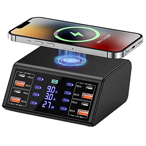 Multi USB Ladestation 100W Mehrere Geräte Ladegerät mit LED Bildschirm Kabelloses Schnell Induktives Ladegerät 8 Ports mit 18W QC3.0 USB und 27W PD-Schnellladungsport für iPhone iPad Samung von Braveking1