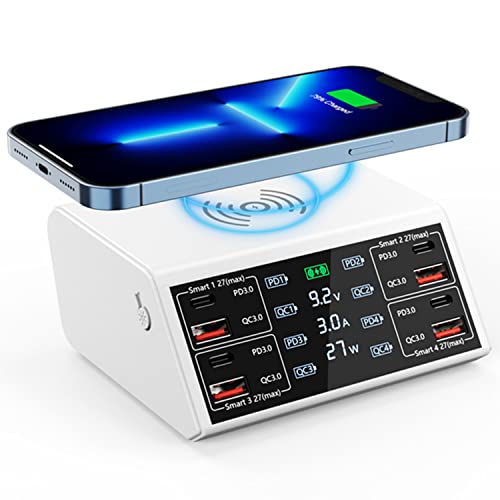 BraveKing Multi USB Ladestation 100W Mehrere Geräte Ladegerät mit LED Bildschirm Kabelloses Schnell Induktives Ladegerät 8 Ports mit 18W QC3.0 USB und 27W PD-Schnellladungsport für iPhone iPad Samung von BraveKing